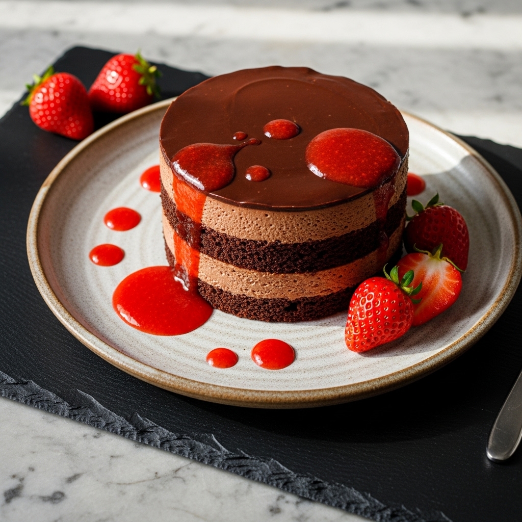 Velvety Vegan Chocolate Mousse Cake with Strawberry Coulis