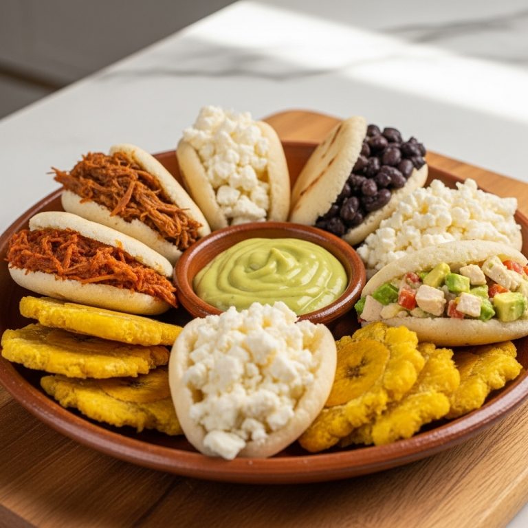Venezuelan Arepa Tasting Platter with Gluten-Free Plantain Tostones & Avocado Aji Dulce