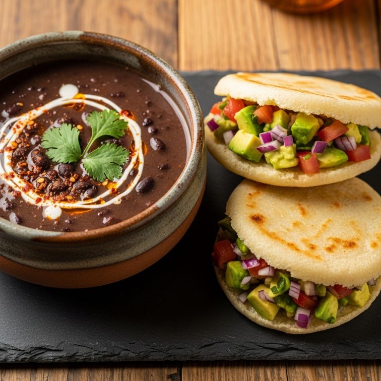 Venezuelan Dinner: Spicy Black Bean Soup & Vegetarian Arepas with Avocado Salsa