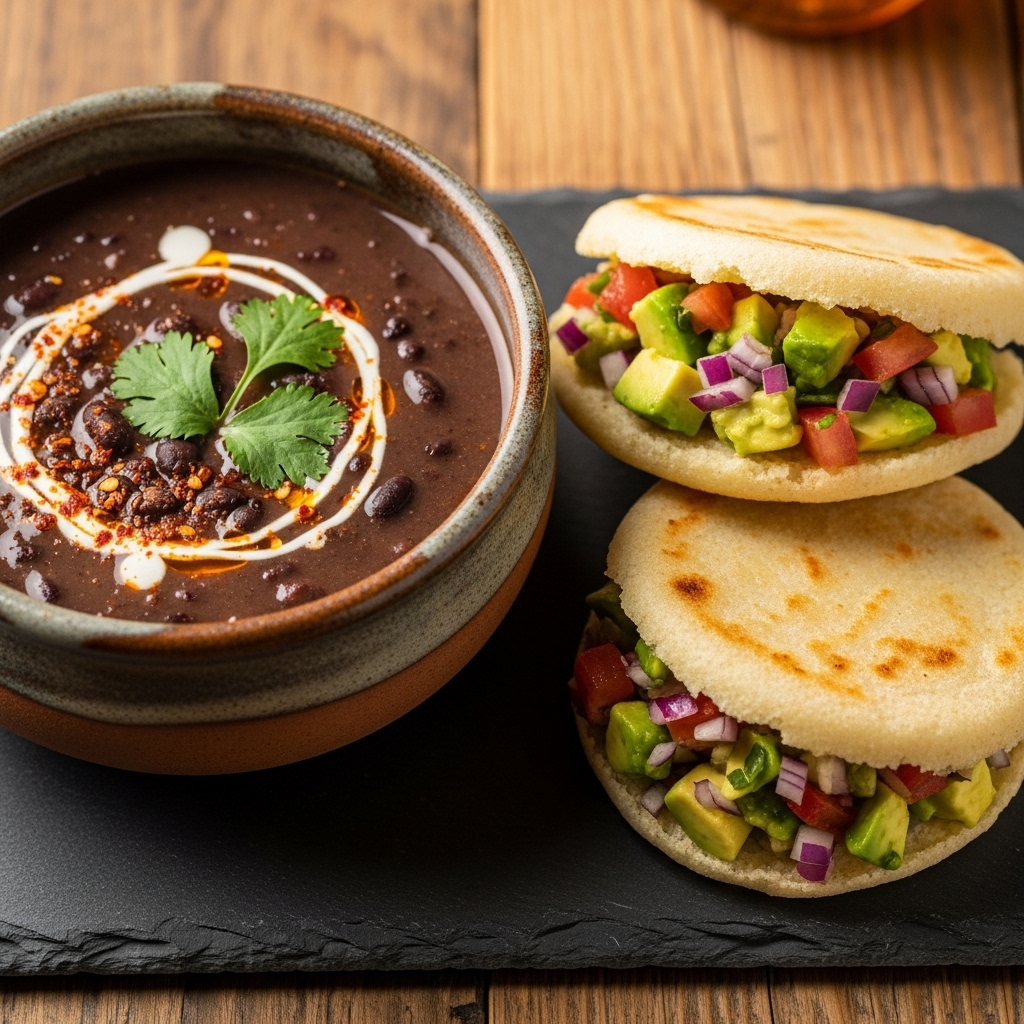 Venezuelan Dinner: Spicy Black Bean Soup & Vegetarian Arepas with Avocado Salsa