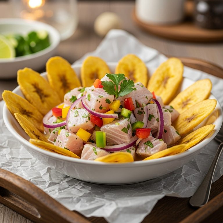 Venezuelan Lunch Paleo Ceviche Bowl with Plantain Chips