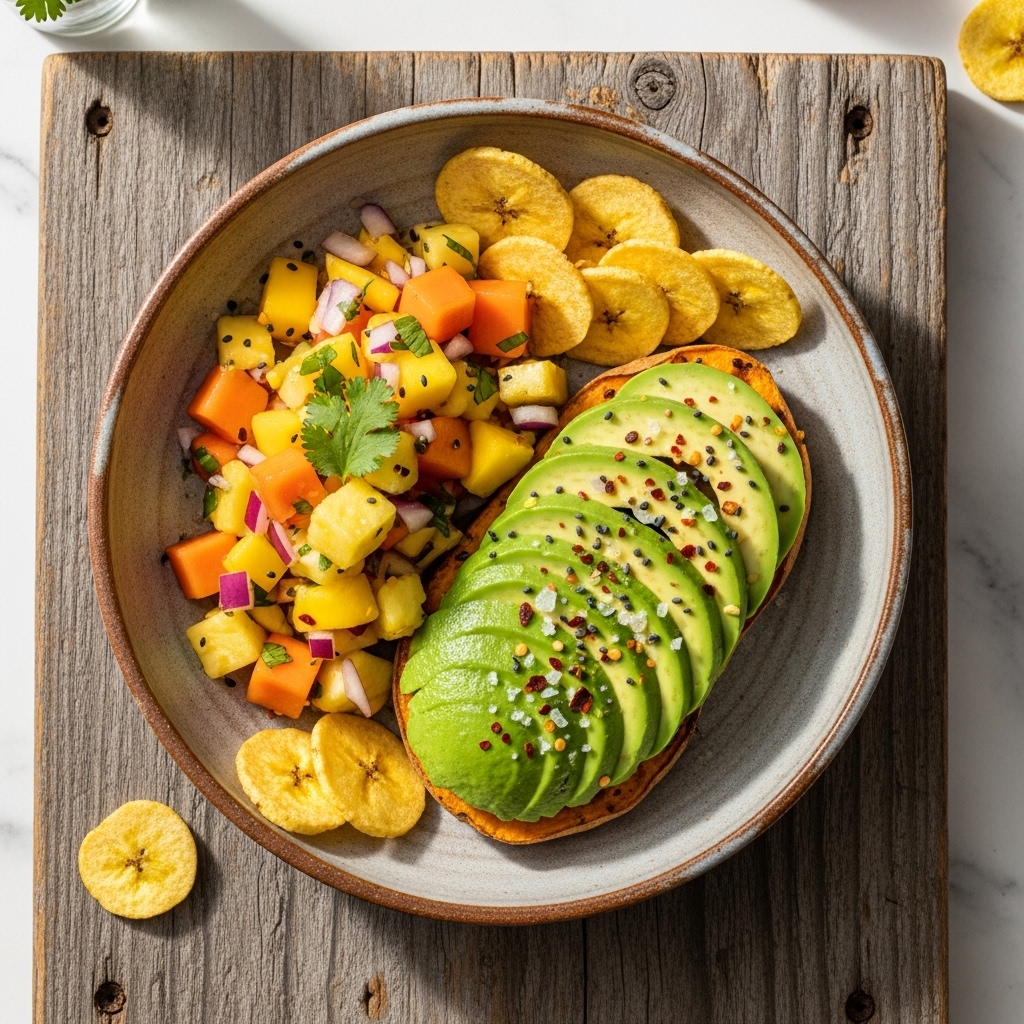 Venezuelan Paleo Breakfast Bowl: Tropical Fruit Salsa with Avocado Toast & Plantain Chips