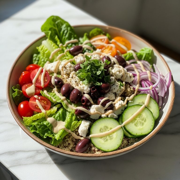 Vibrant Greek Salad and Quinoa Bowl with Lemon Tahini Dressing