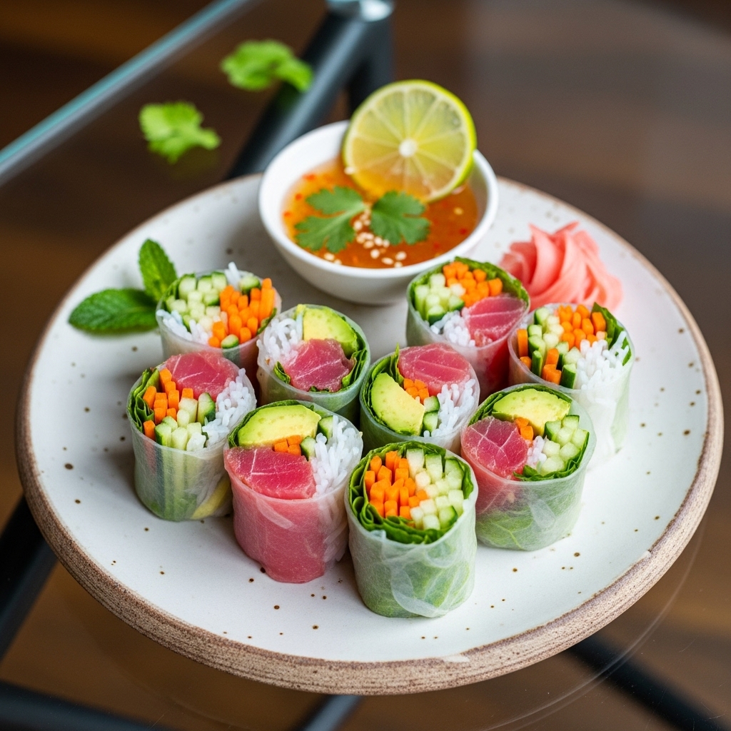 Vibrant Japanese Summer Rolls with Zesty Citrus Dipping Sauce