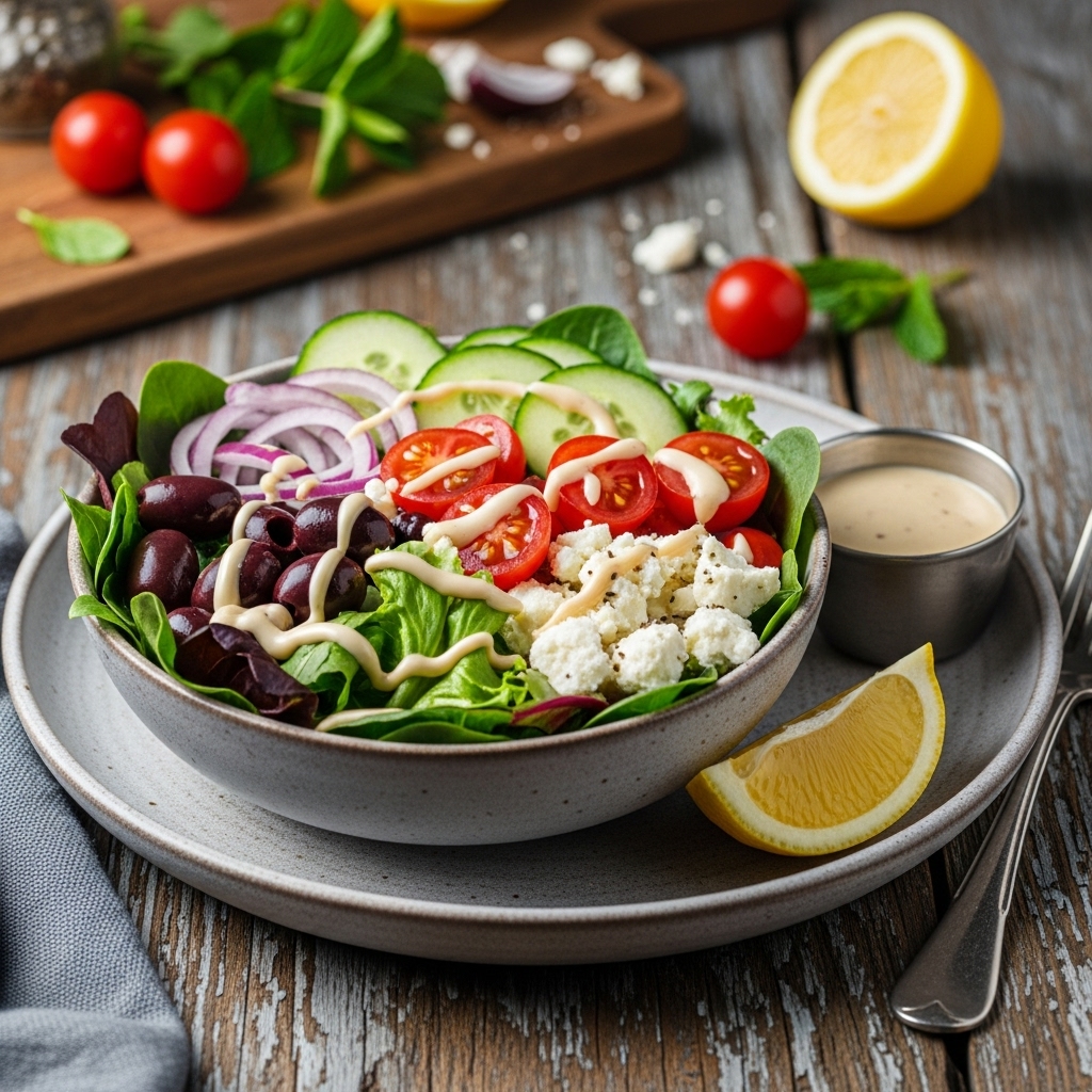 Vibrant Mediterranean Salad Bowl with Lemon Tahini Dressing