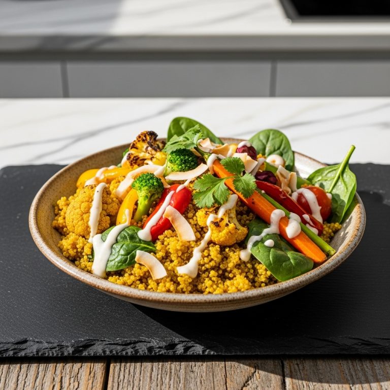 Vibrant Vegetable Indian Bowl with Turmeric Quinoa and Coconut Lime Dressing