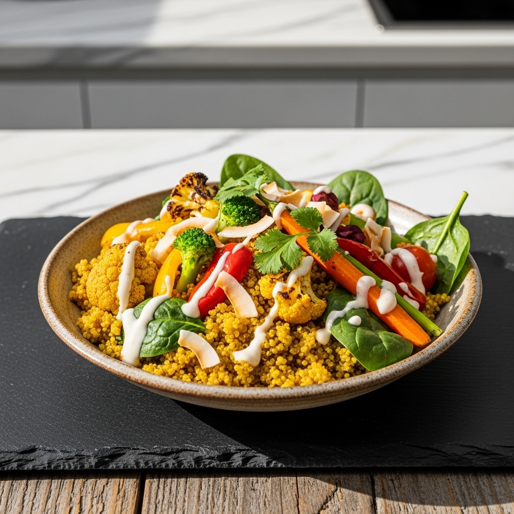 Vibrant Vegetable Indian Bowl with Turmeric Quinoa and Coconut Lime Dressing