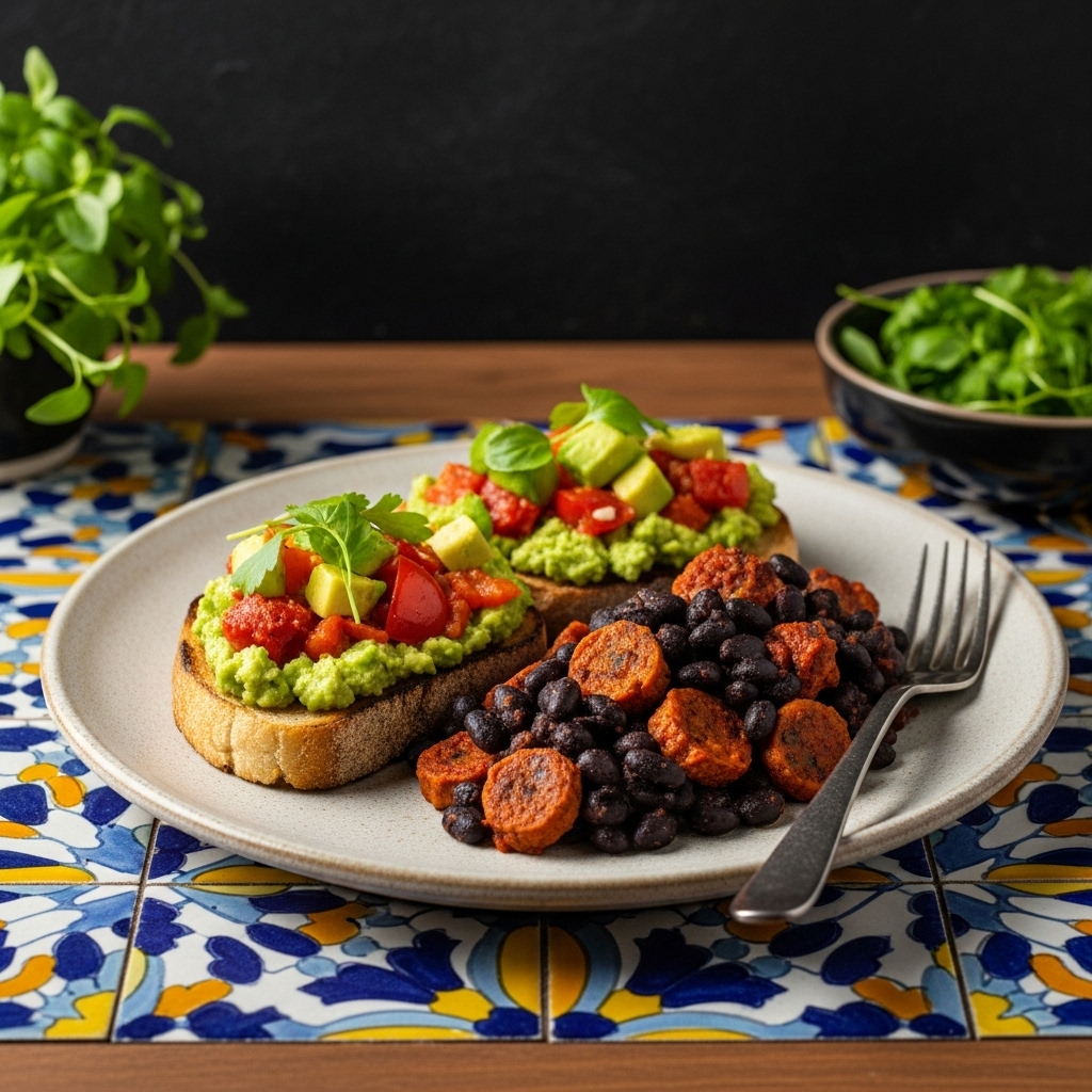 “Vibrant Vegetarian Cuban Brunch: Aromatic Tropical Avocado Toast & Smoky Black Beans with Plant-Based Chorizo