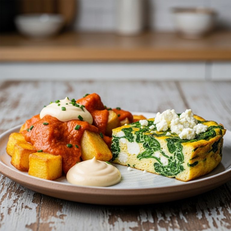 “Vibrant Vegetarian Spanish Breakfast: Patatas Bravas with Spinach & Feta Frittata”