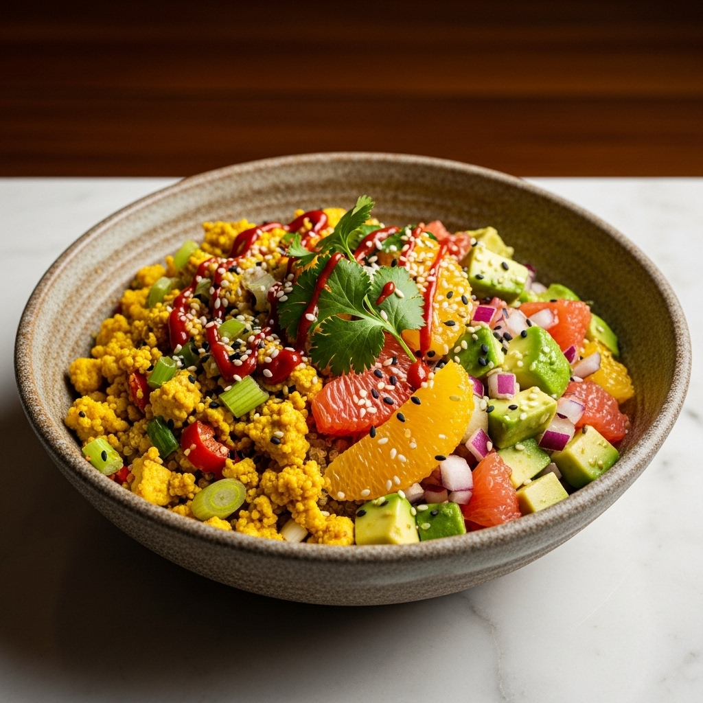 Vietnamese Breakfast Quinoa Bowl with Tofu Scramble & Citrus Avocado Salsa