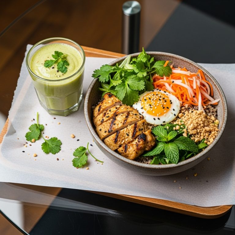 Vietnamese Brunch Power Protein Bowl with Citrus Avocado Smoothie