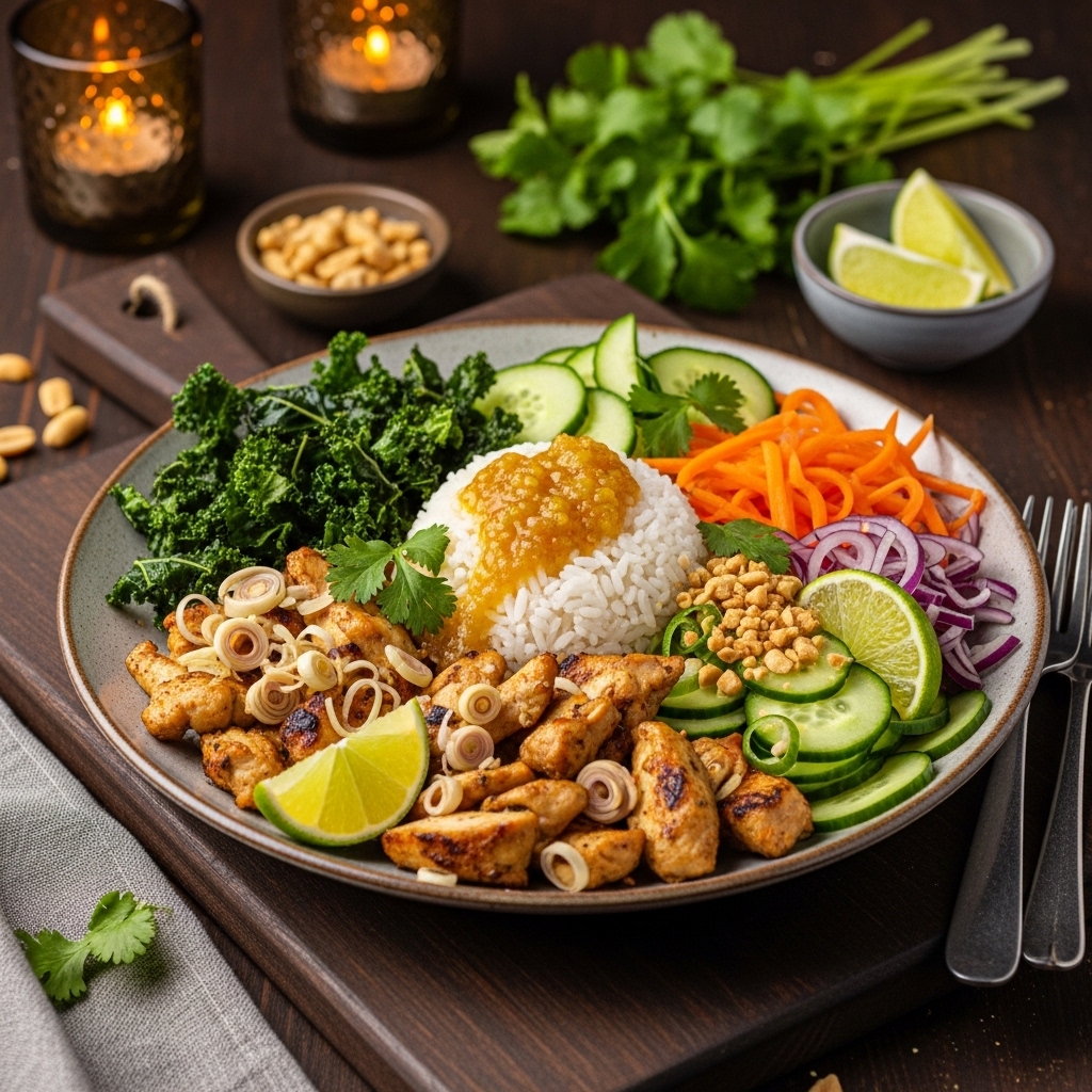 Vietnamese Chicken Protein Bowl with Crispy Kale and Citrus Vinaigrette
