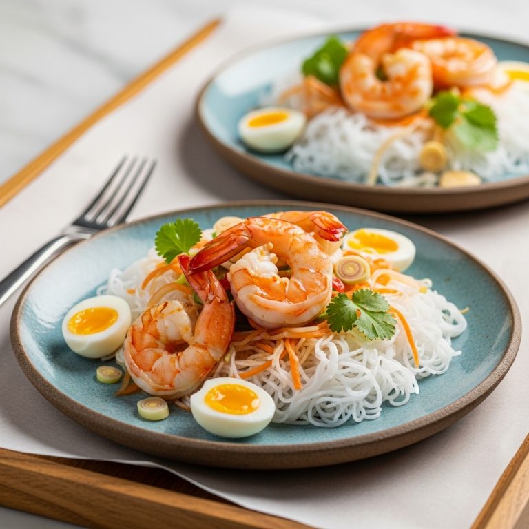 Vietnamese Gluten-Free Brunch Delight: Lemongrass Shrimp & Quail Eggs on Coconut Rice Noodles