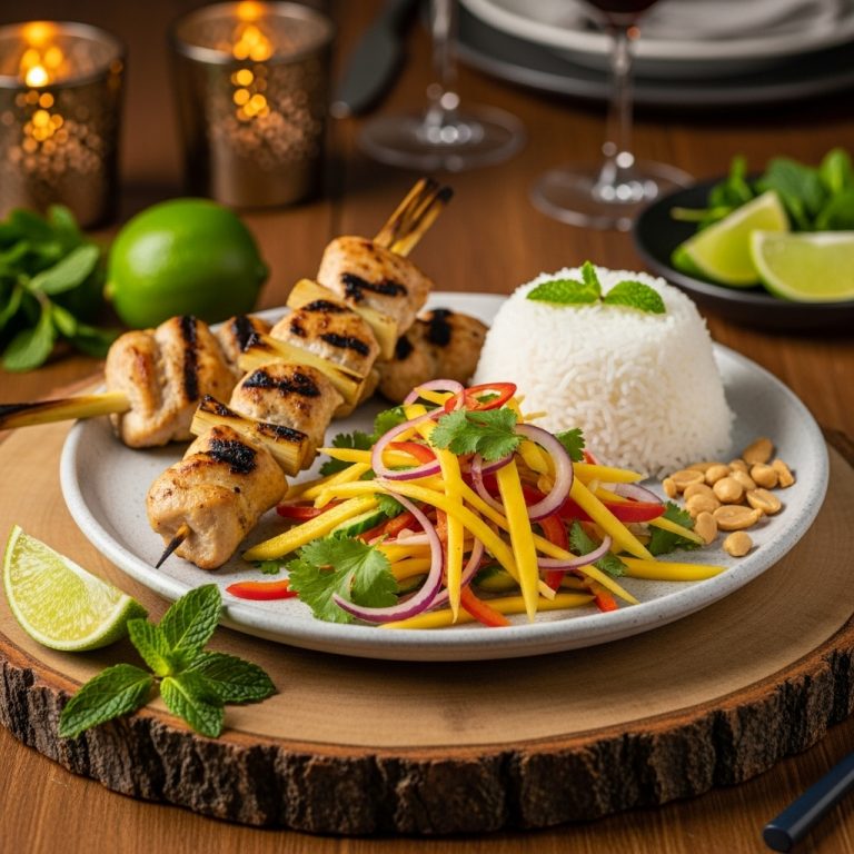 “Vietnamese Gluten-Free Lunch: Lemongrass Chicken Skewers with Mango Salad & Coconut Rice”