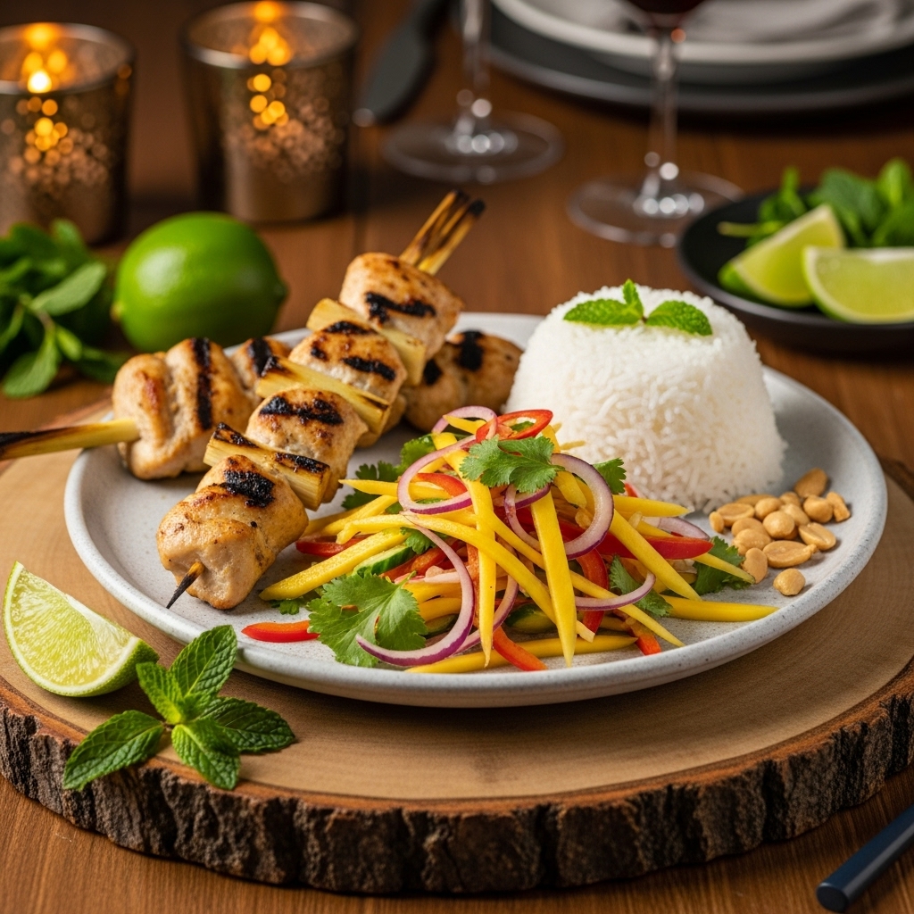 “Vietnamese Gluten-Free Lunch: Lemongrass Chicken Skewers with Mango Salad & Coconut Rice”