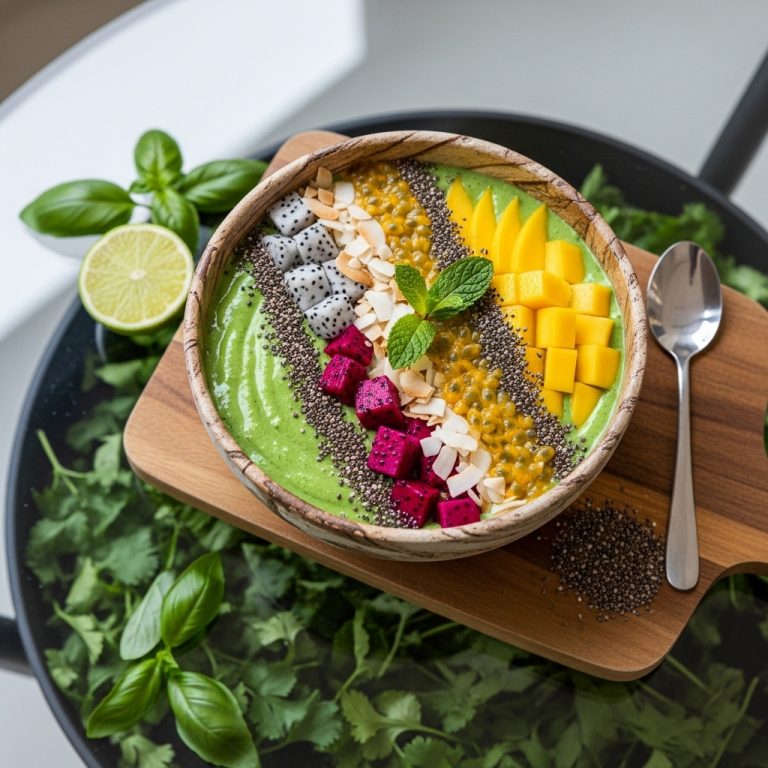 Vietnamese Green Smoothie Bowl with Quinoa Protein and Tropical Fruit Topping