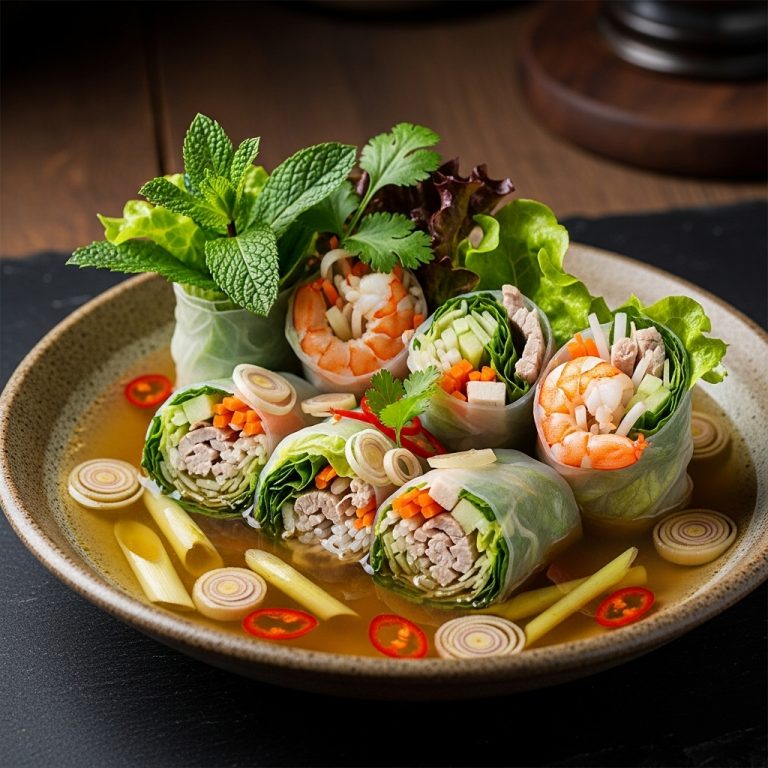 Vietnamese Snack: Shrimp and Pork Spring Rolls in Lemongrass Broth with Mint and Cilantro