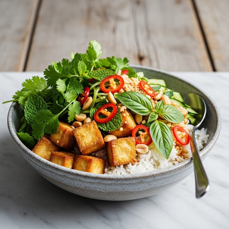 Vietnamese Vegetarian Brunch Delight: Mouthwatering Rice Bowl with Tofu & Fresh Herbs