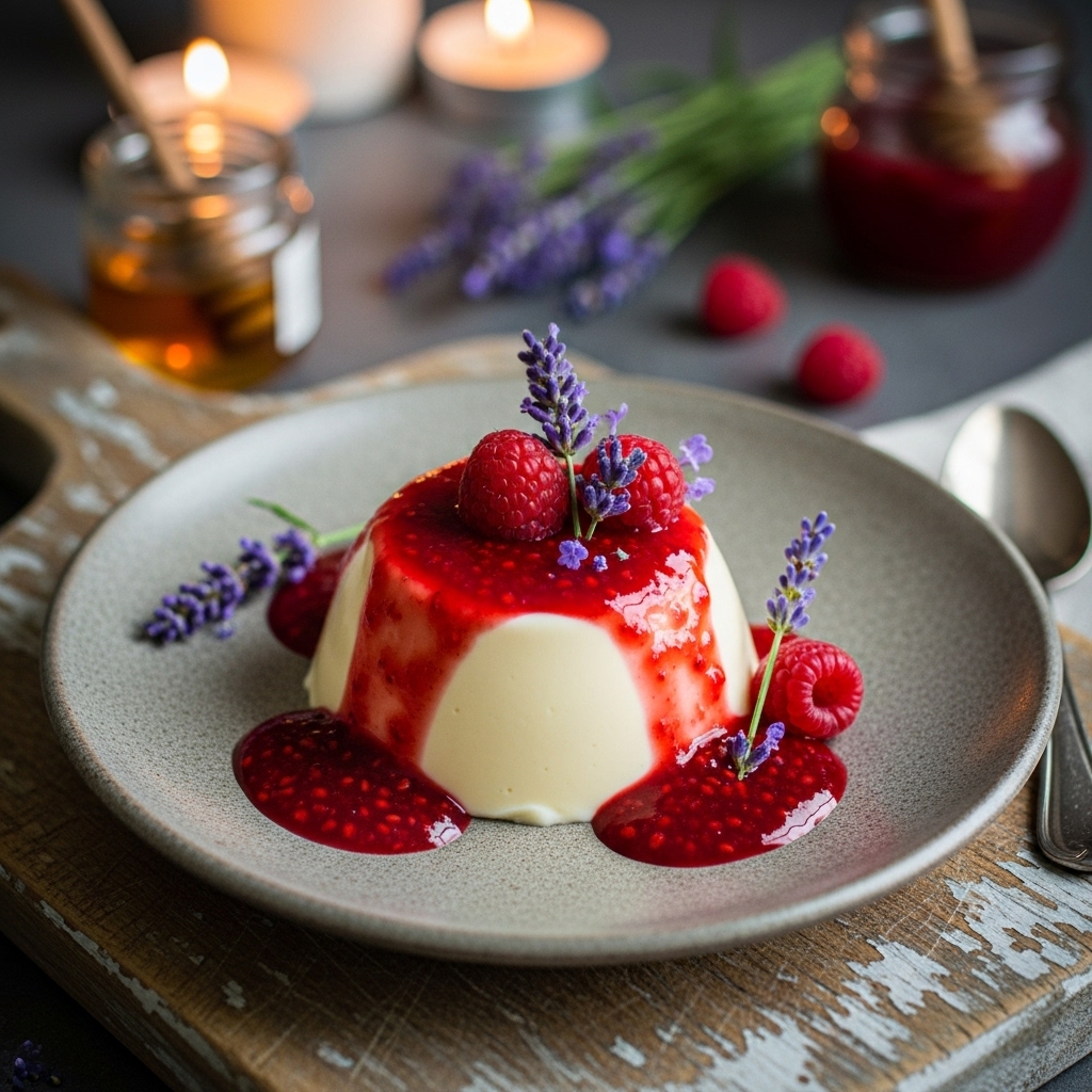 Whispers of Spring: Lavender Honey Panna Cotta with Raspberry Coulis