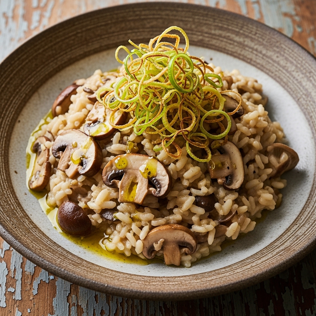 Wild Mushroom Risotto with Truffle Oil and Crispy Leeks