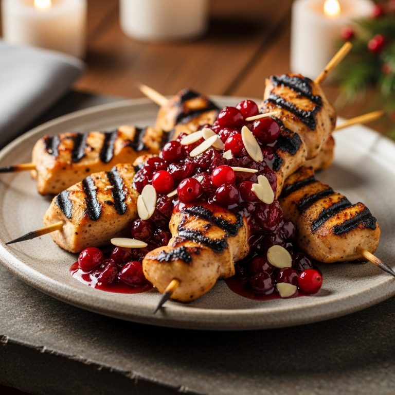 “Zesty German Paleo Chicken Skewers with Cranberry-Almond Sauce”