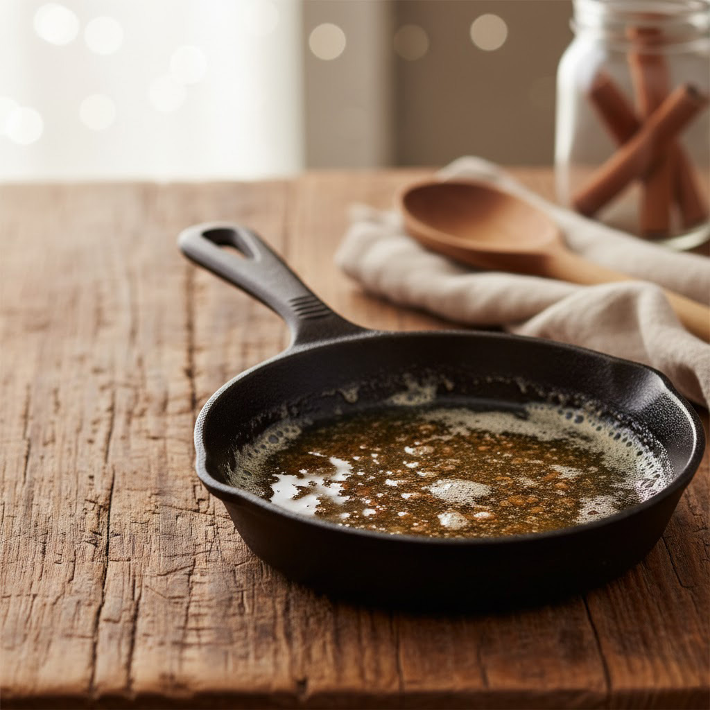 Golden browned butter melting in a skillet with warm kitchen lighting