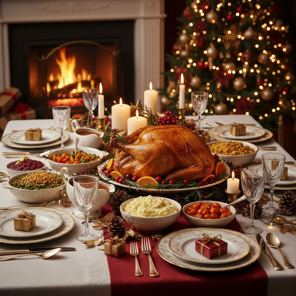 Holiday dinner table with golden roast turkey, side dishes, and warm festive lighting