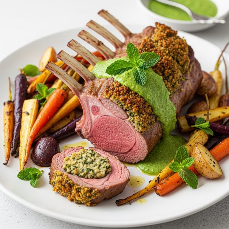 A Symphony of Flavors – Herb-Stuffed Rack of Lamb with Mint Sauce and Roasted Root Vegetables