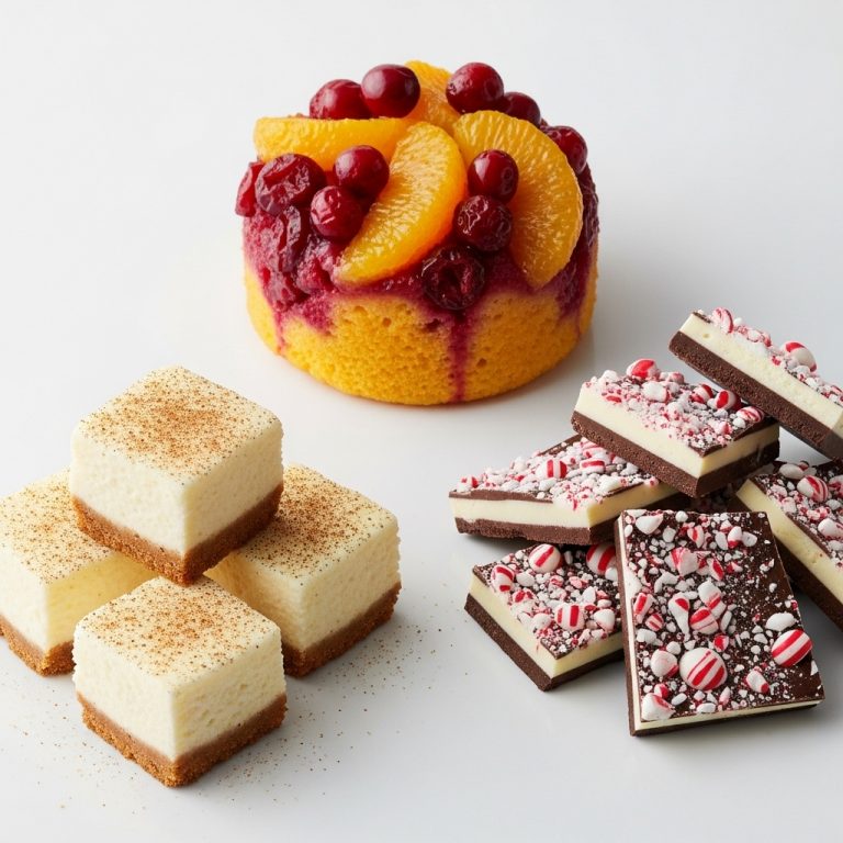A Winter Wonderland Trio: Cranberry-Orange Upside Down Cake, Eggnog Cheesecake Bites, and Peppermint Bark