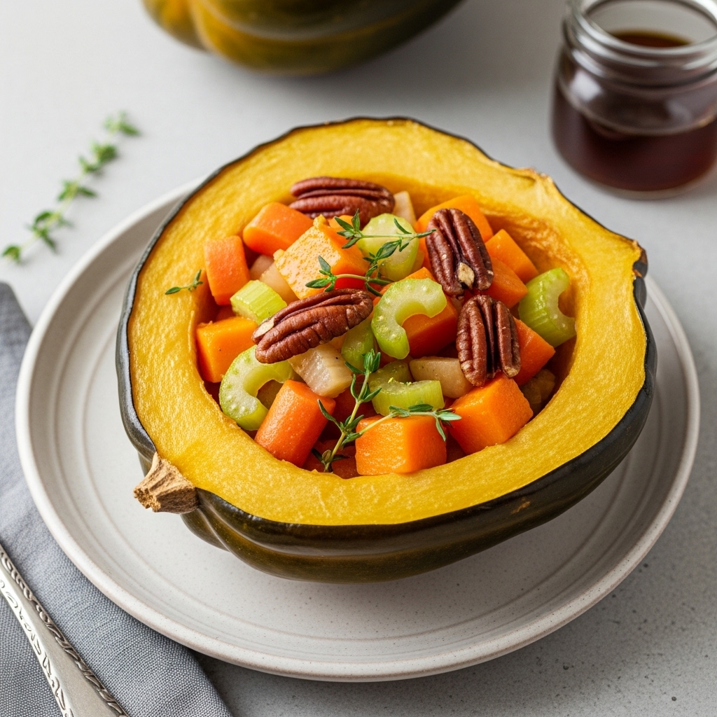 Cozy Holiday Herb-Stuffed Acorn Squash with Brown Butter Pecan Sauce