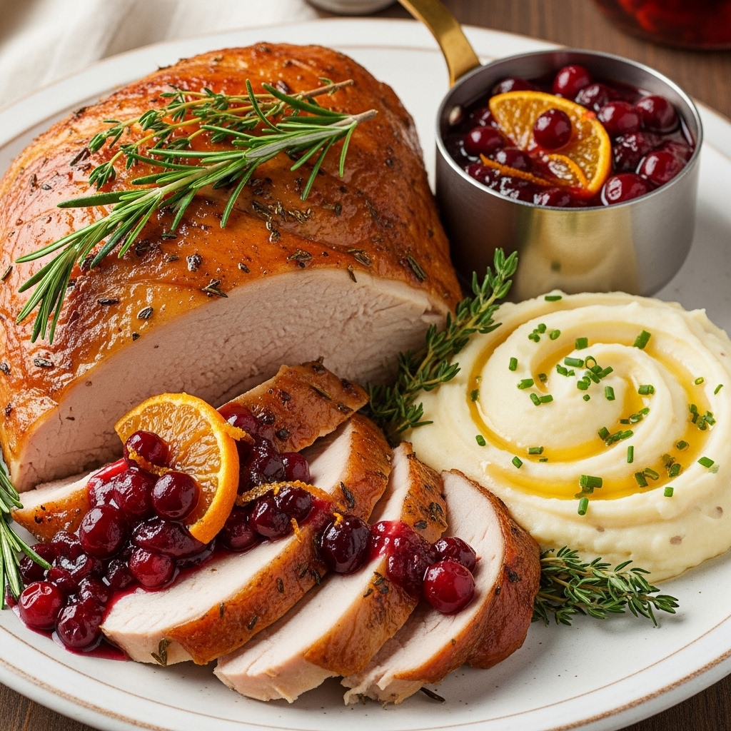Festive Herb Roasted Turkey with Cranberry-Orange Sauce and Garlic Mashed Potatoes