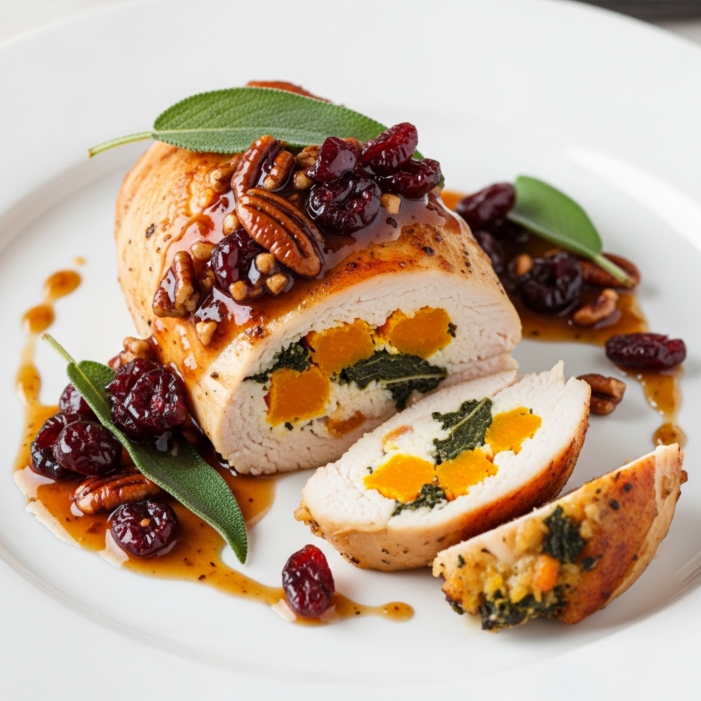 Warm Butternut Squash and Sage Stuffed Chicken Breast with Cranberry Pecan Sauce